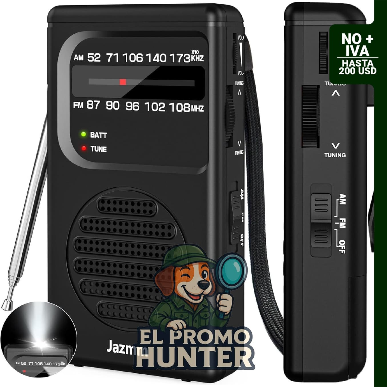 Radio portátil AM FM con altavoz de 3 W, linterna y conector de auriculares de 3.5 mm.
