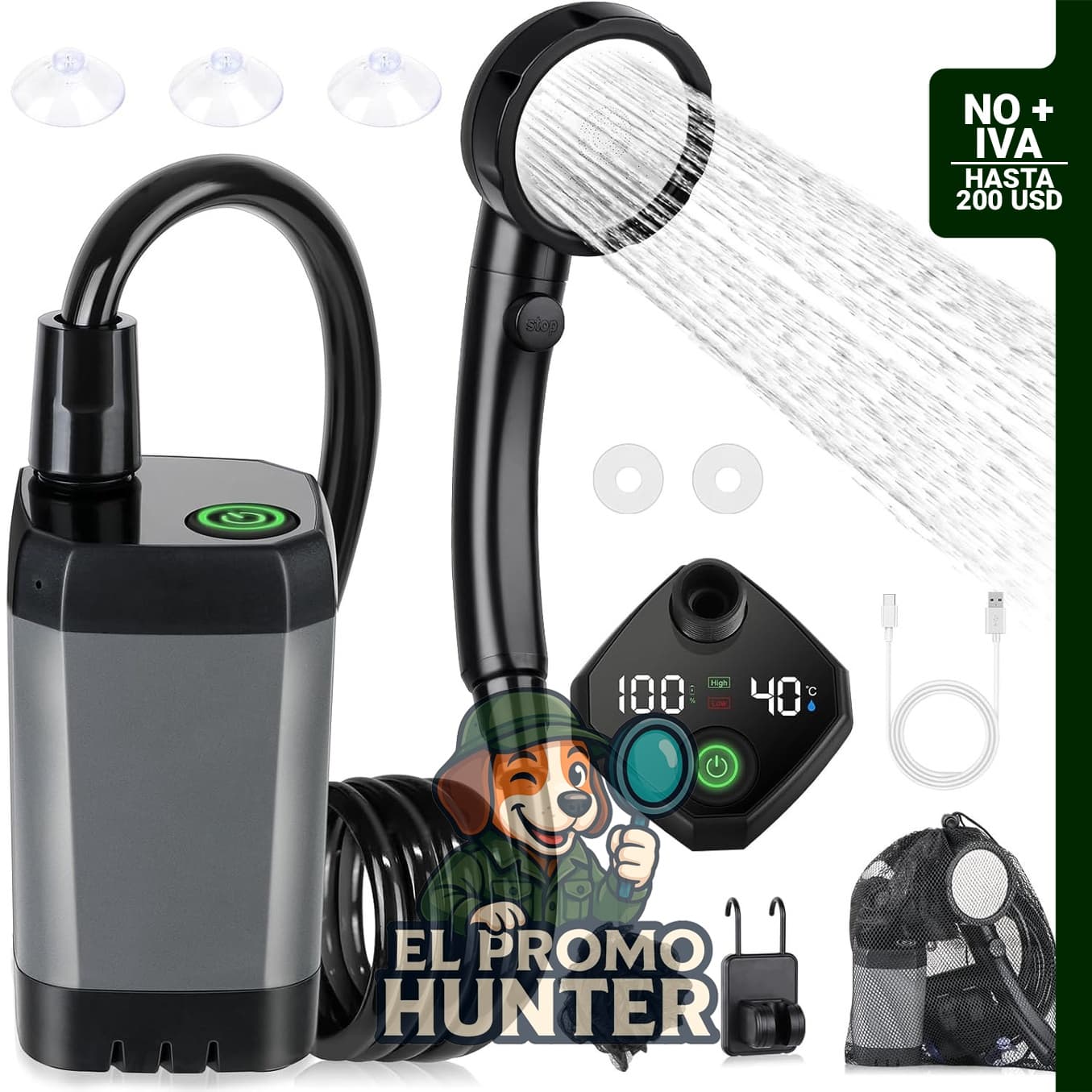 Ducha portátil Spopal para acampar, recargable de 6000mAh, con pantalla LED y 4 modos de pulverización.