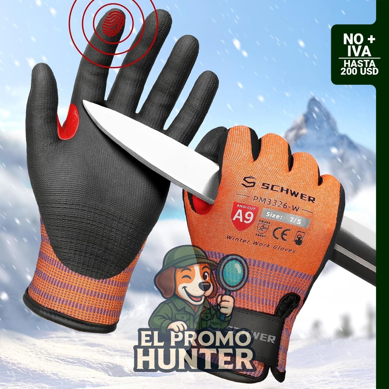 Guantes de trabajo Schwer FreezeGuard-X, resistentes a cortes ANSI A9, con agarre y pantalla táctil.