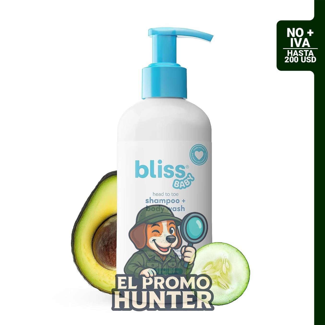 Bliss Champú y gel de baño 2 en 1 para bebés, sin perfume y hipoalergénico, con aguacate y manteca de karité.