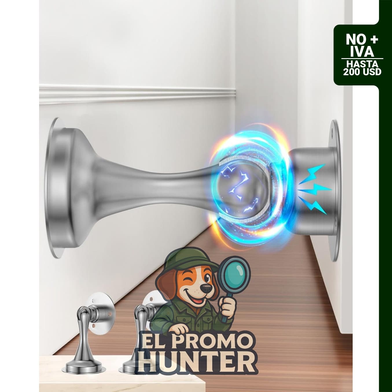 Topes magnéticos de acero inoxidable para puerta, paquete de 2 unidades, incluye cinta adhesiva y tornillos.