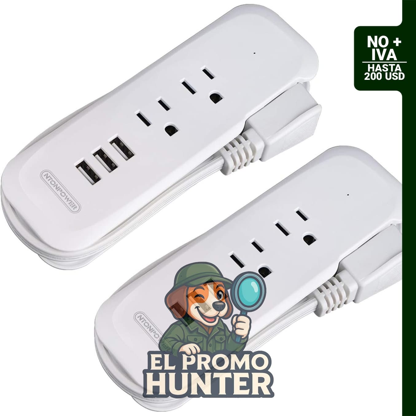 NTONPOWER Regleta de viaje con 2 tomas de corriente y 3 puertos USB, cable de extensión de 38 cm.