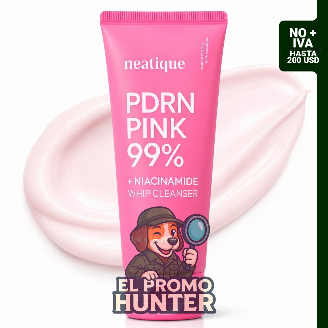 Limpiador facial PDRN con niacinamida, 5.29 oz (150 ml), textura lechosa para limpieza profunda.