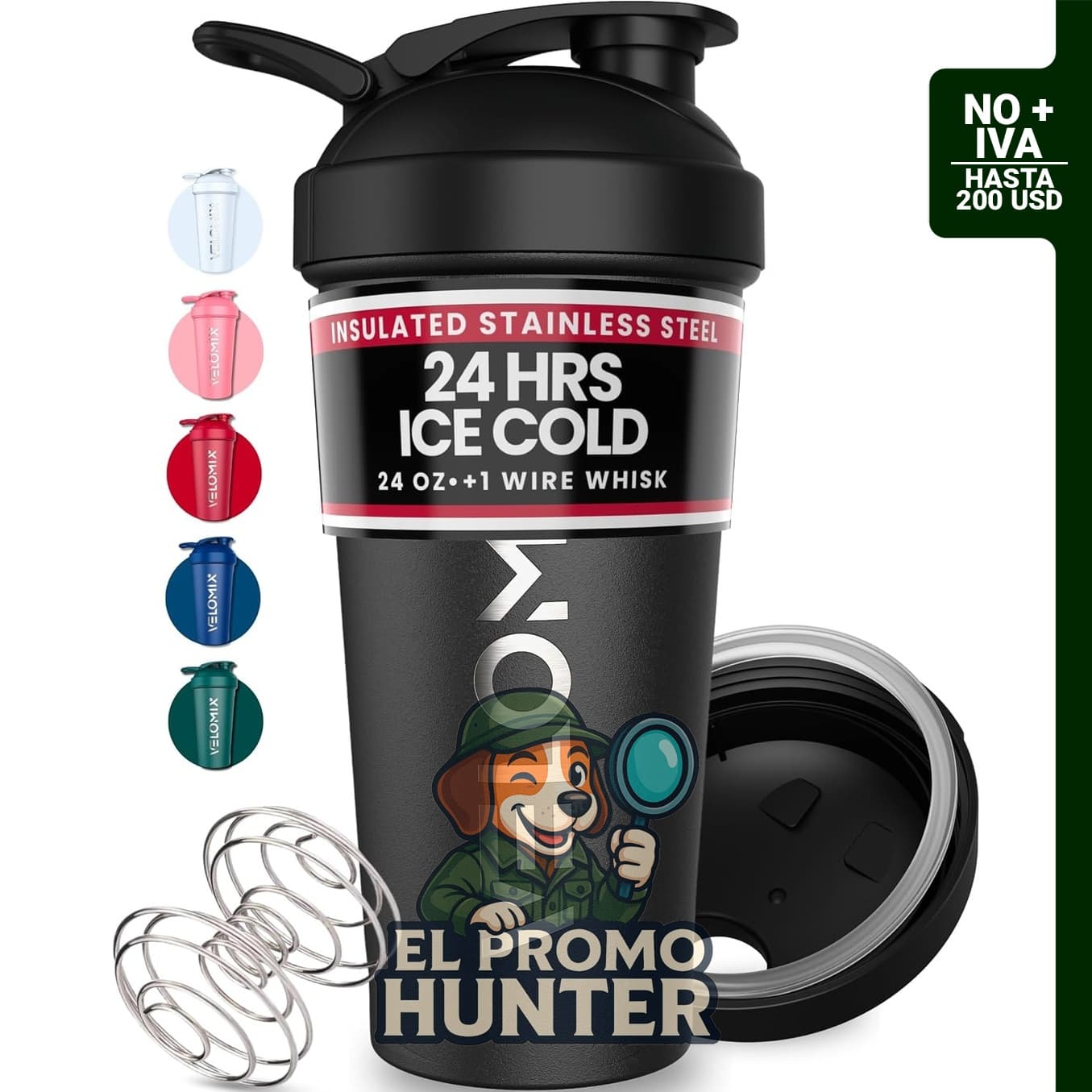 Botella agitadora de acero inoxidable de 24 oz con batidor de alambre, a prueba de fugas y aislada.