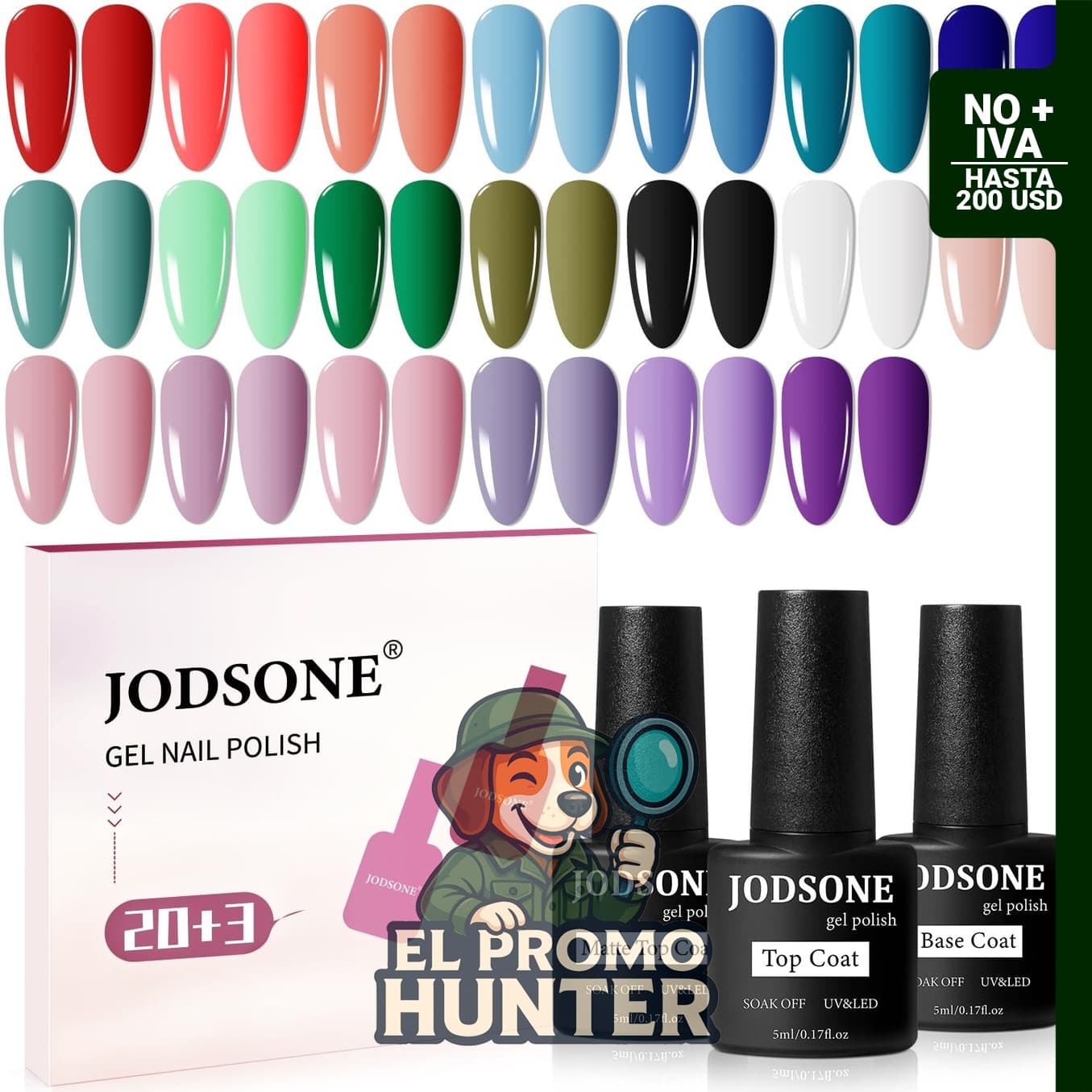 JODSONE Juego de 23 esmaltes de uñas de gel, incluye base y capa superior brillante y mate, multicolor.
