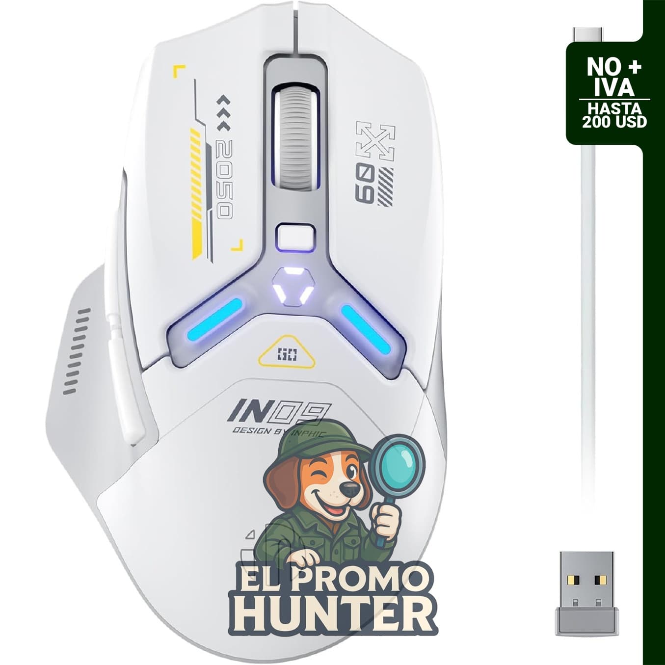 INPHIC IN9 Ratón inalámbrico para juegos, conexión Bluetooth, cable tipo C y 2.4G, 10000 DPI, retroiluminación RGB.