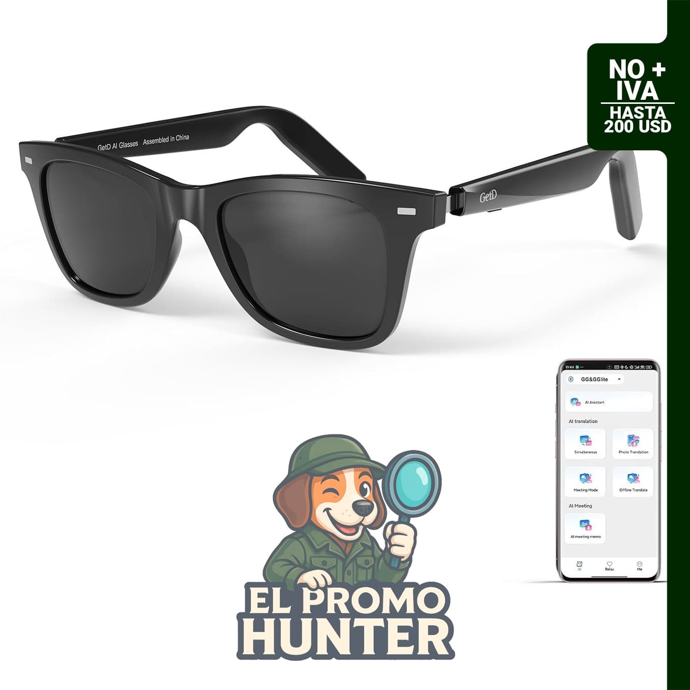 GetD Gafas de IA 2026, lentes inteligentes con tecnología de traducción AI en tiempo real y reproducción de música.