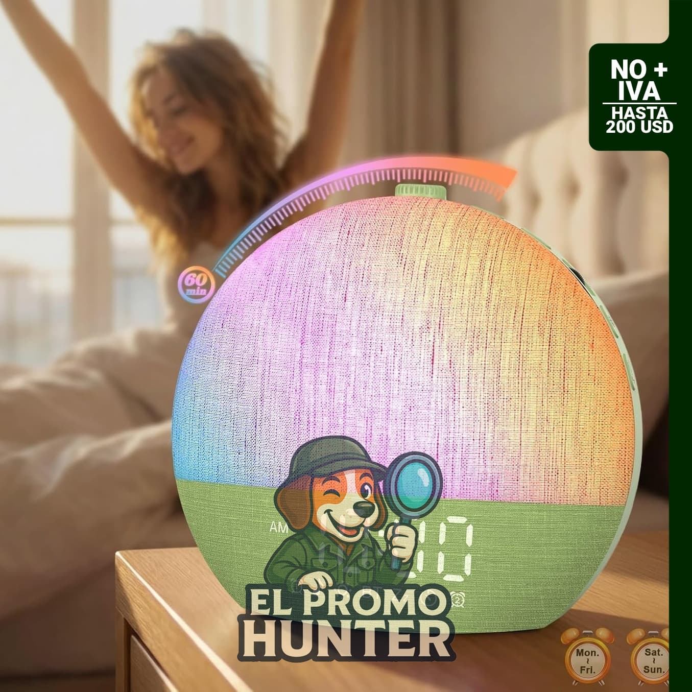 Reloj despertador Thybro con simulación de amanecer gradual de 30 minutos y 20 niveles de luz regulable.
