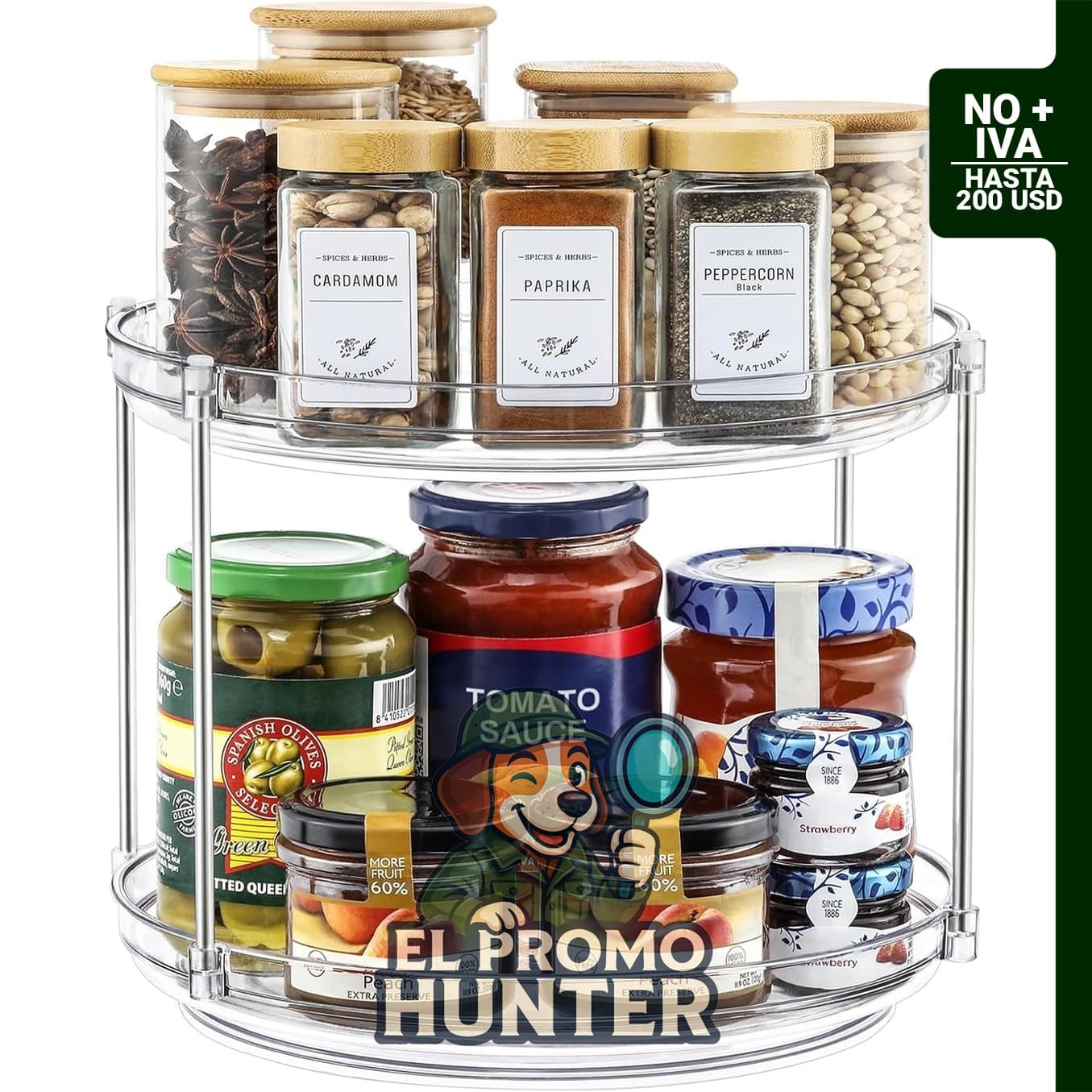 Organizador giratorio de acrílico antideslizante de 2 niveles tipo Lazy Susan para almacenamiento en cocina y baño.