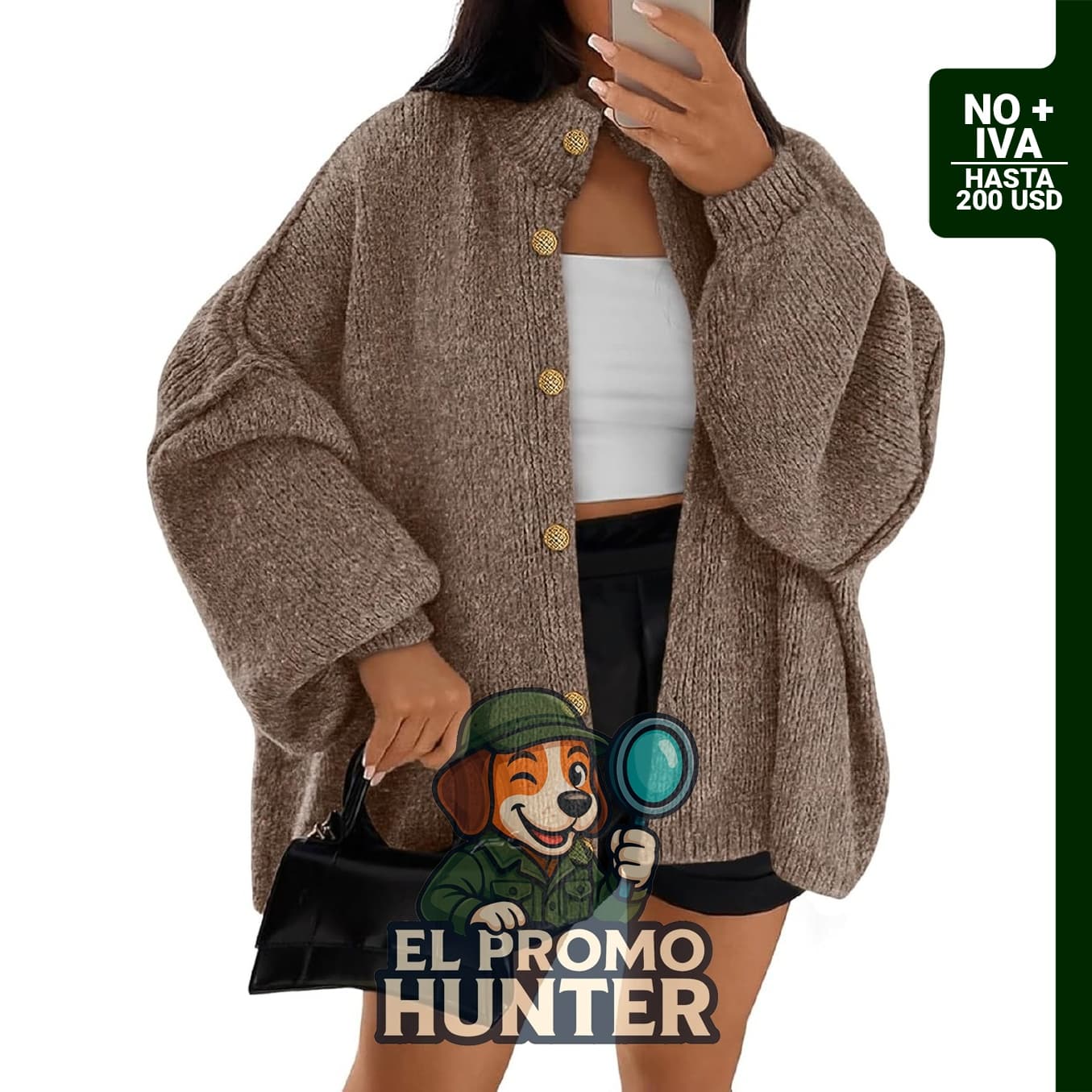 Cárdigan de punto grueso oversized para mujer, manga larga de farol.