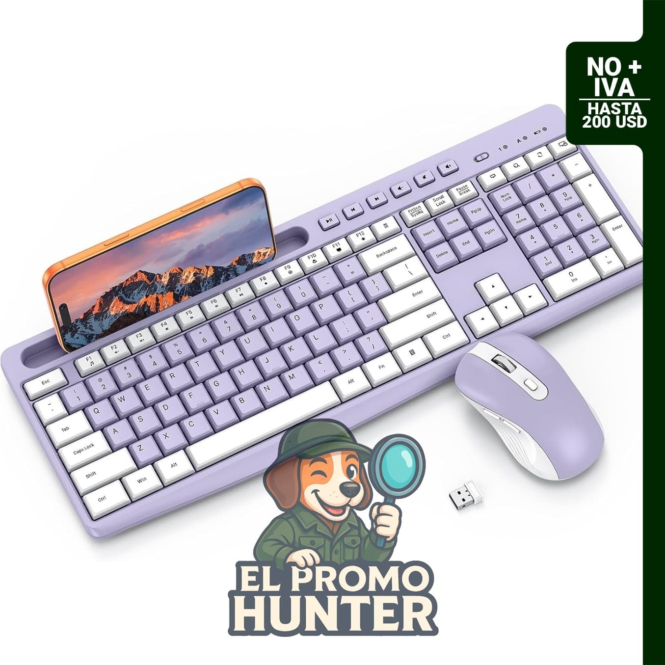 Combo de teclado y mouse inalámbricos OMOTON, receptor USB de 2.4 GHz, incluye soporte para teléfono y teclado numérico.