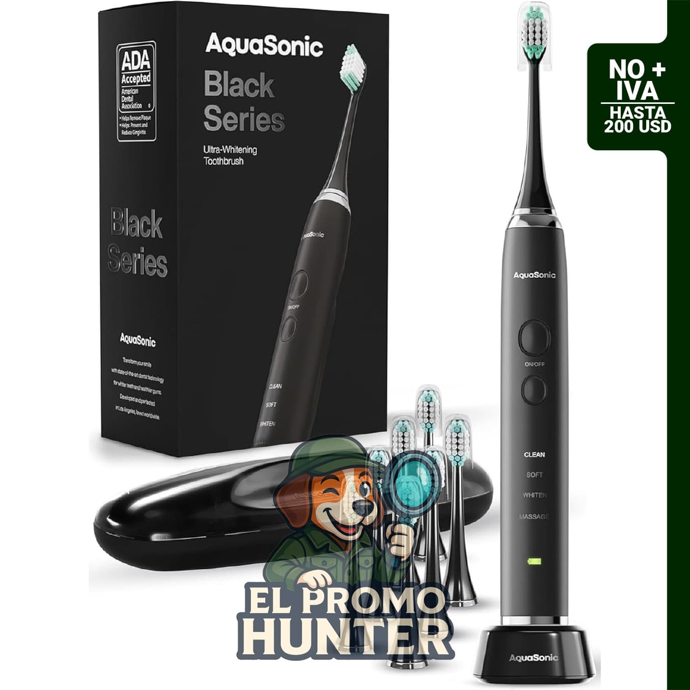 Cepillo de dientes AquaSonic Black Series, motor ultrasónico de 40,000 VPM, incluye 8 cabezales DuPont y funda de viaje.