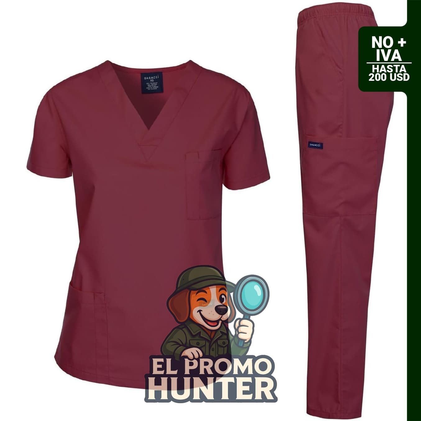 Conjunto de uniformes médicos, incluye camiseta y pantalón, fabricado en poliéster y algodón.