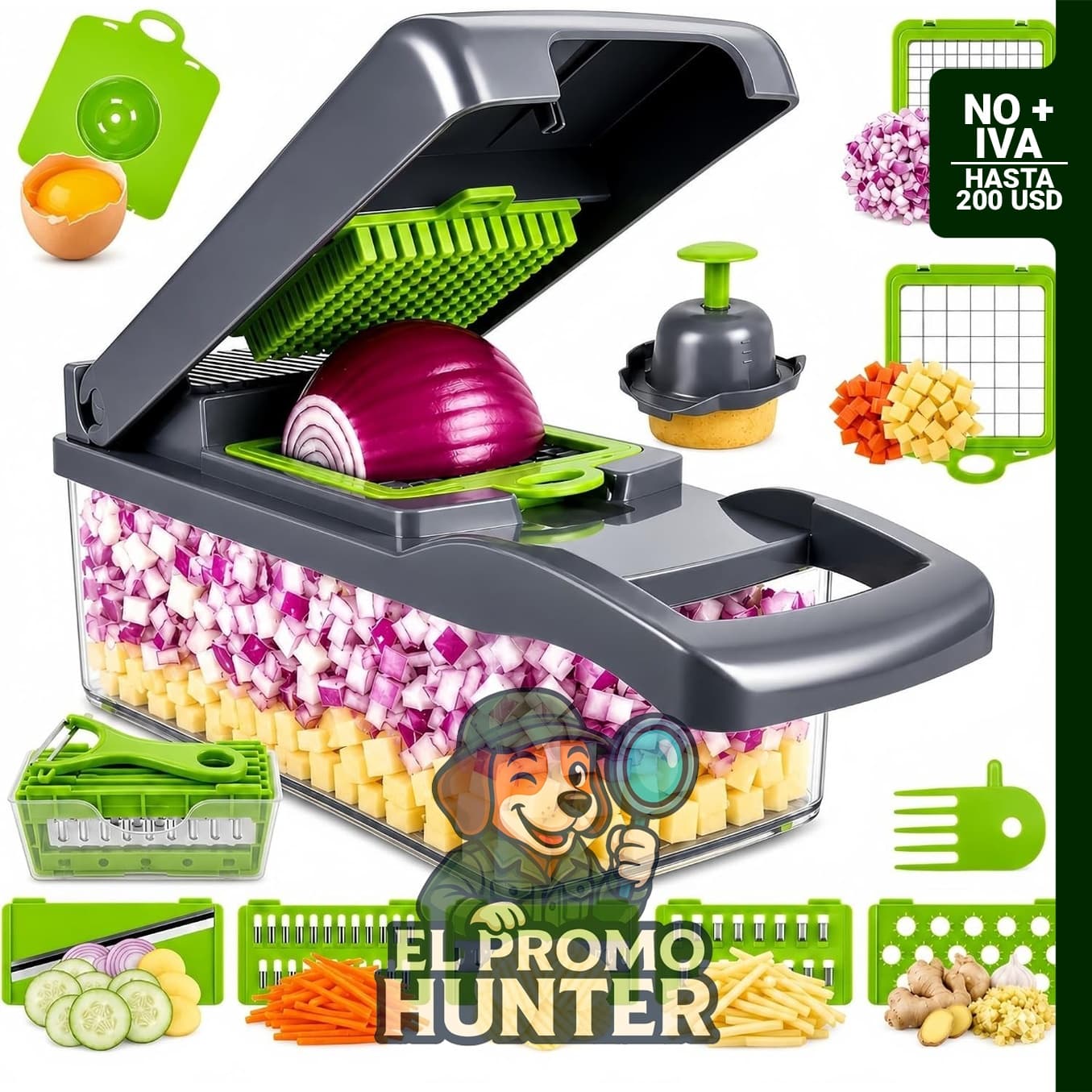 Cortador de verduras multifuncional 13 en 1 con contenedor, color gris.