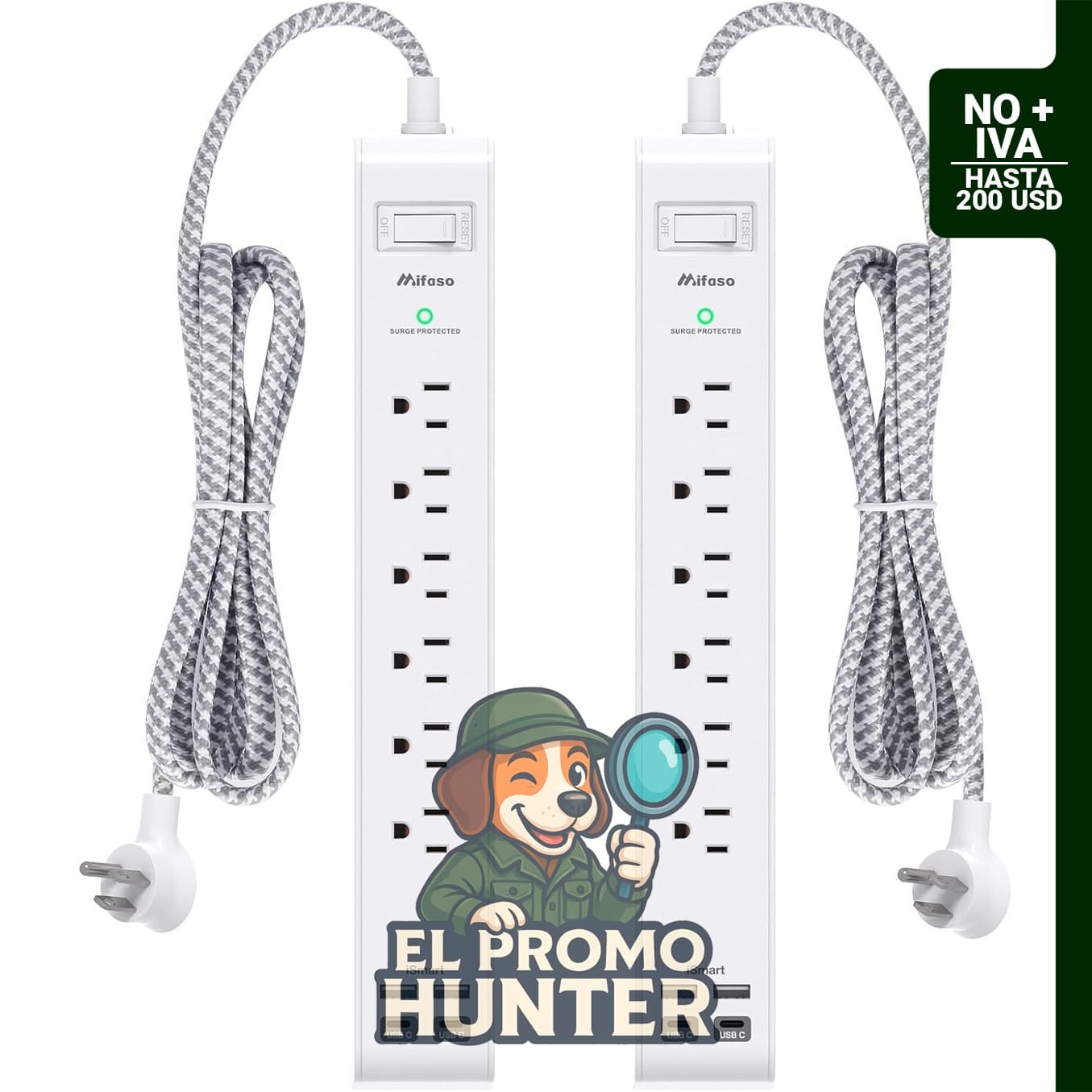Mifaso Power Strip, regleta de alimentación de 12 pies con 6 salidas y 4 puertos USB (2 USB C), protección contra sobrecargas.