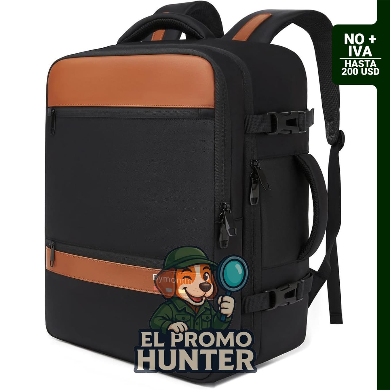 Mochila para laptop con compartimento y correa para equipaje, color negro.