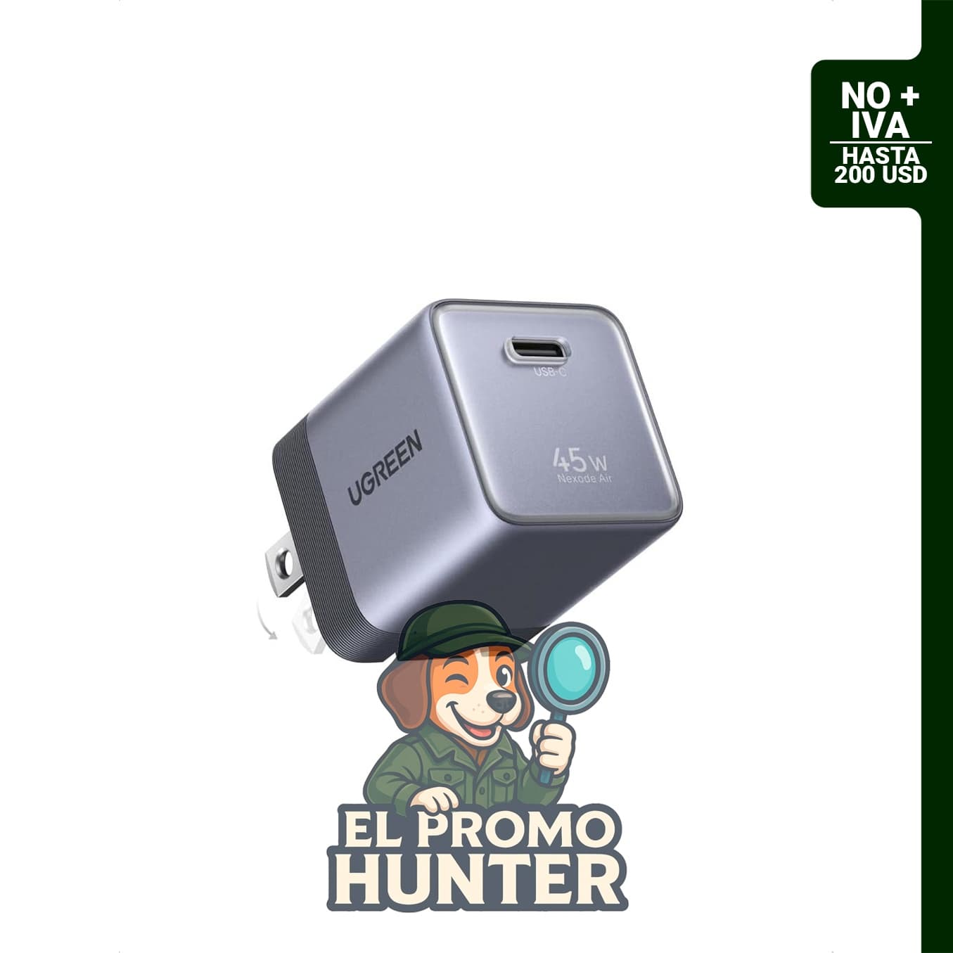 UGREEN Nexode Air - Cargador USB C de 45 W, enchufe plegable, tamaño compacto (3.07 × 3.07 × 3.61 cm).
