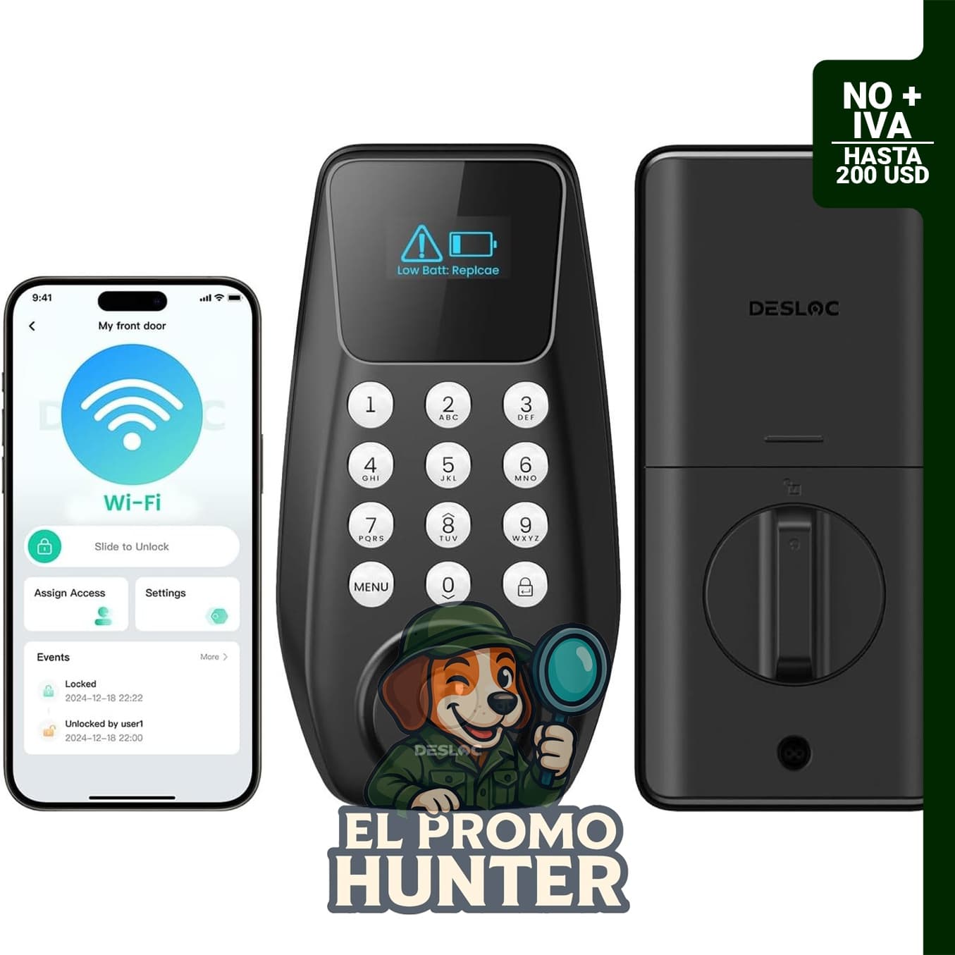 Cerradura inteligente DESLOC C100 Plus con WiFi, teclado y pantalla visual, control remoto por app, 100 códigos PIN.