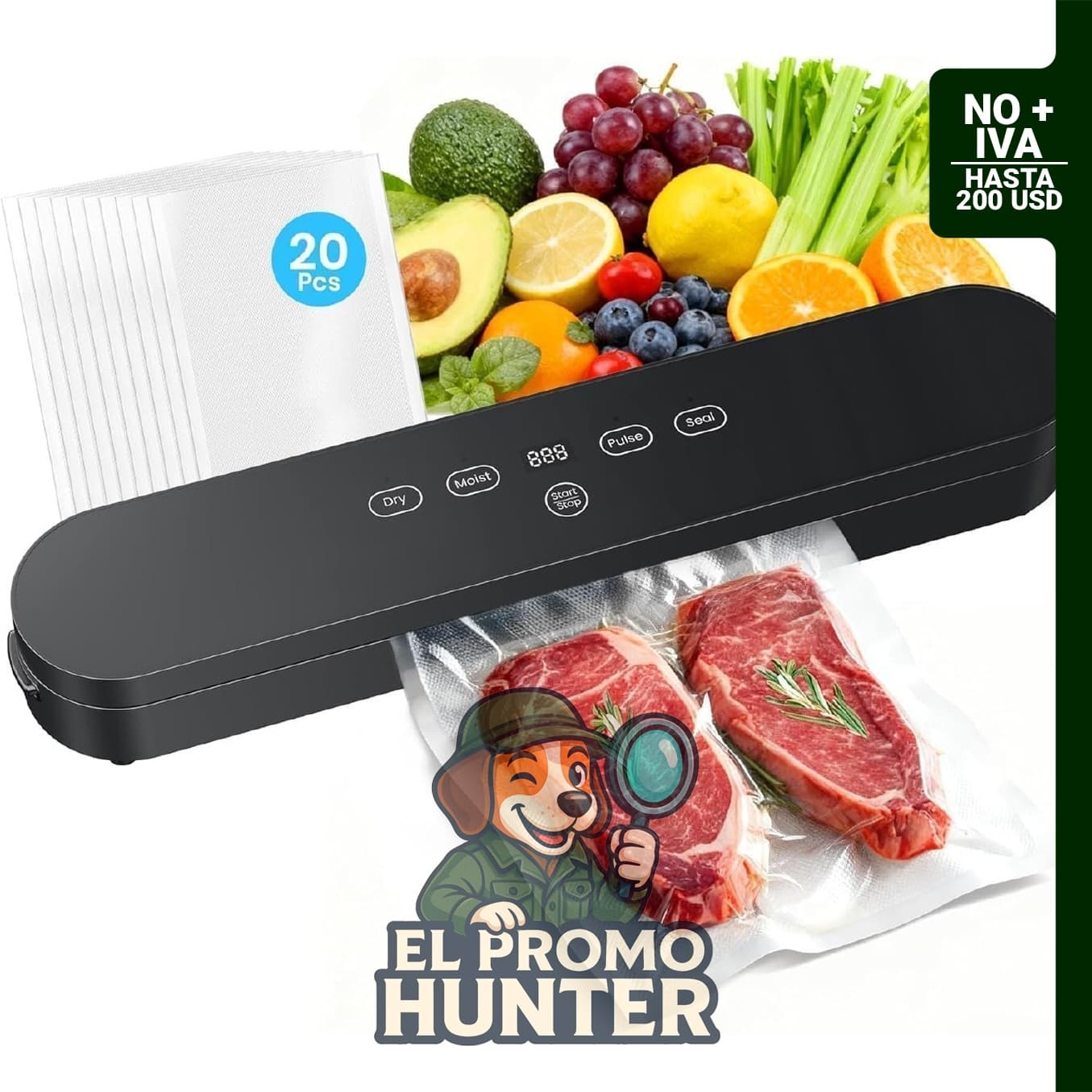 Sellador al vacío para alimentos con temporizador digital.