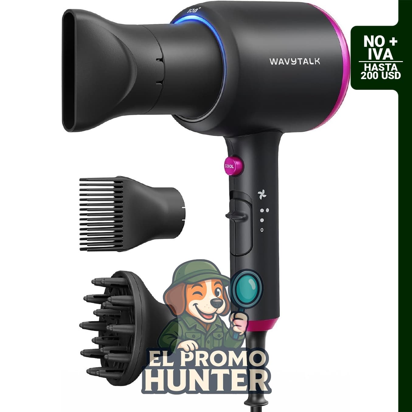 Secador de pelo Wavytalk Blown Away, 1875 W, incluye difusor y peine, tecnología de cerámica.