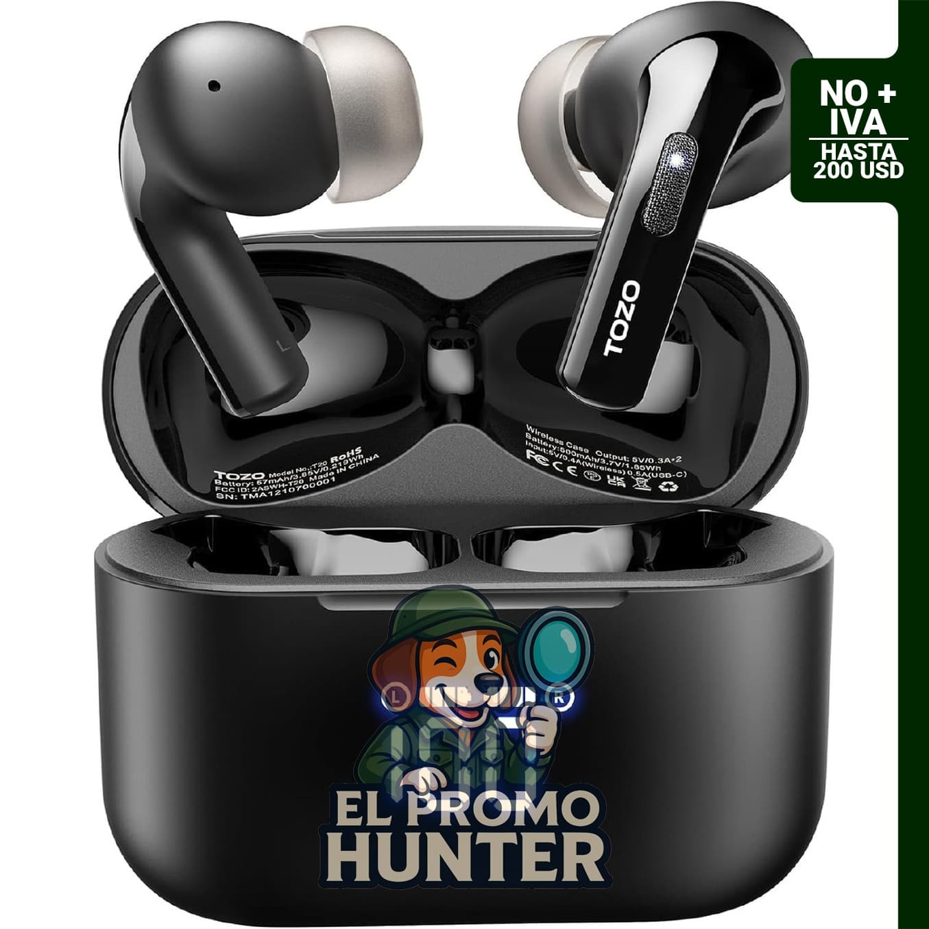 Auriculares inalámbricos TOZO T20 con estuche de carga inalámbrica y pantalla LED.