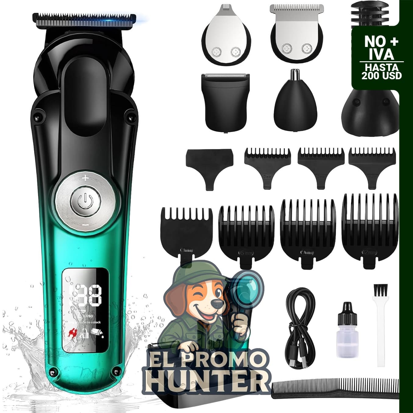 Kit de aseo profesional 6 en 1 para hombre, incluye cortapelos, maquinilla de afeitar eléctrica y accesorios.