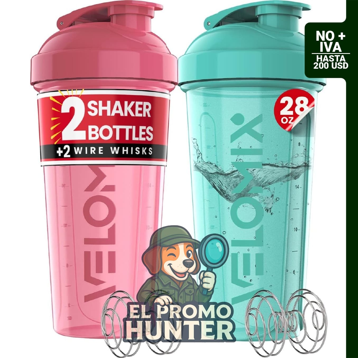 Pack de 2 shakers de 828 ml con batidor y tapa antifugas.