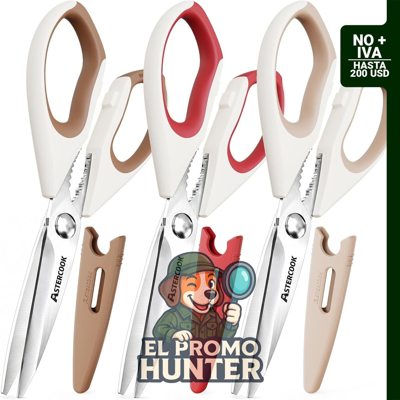 Pack de 3 tijeras de cocina de acero inoxidable con diseño dentado.