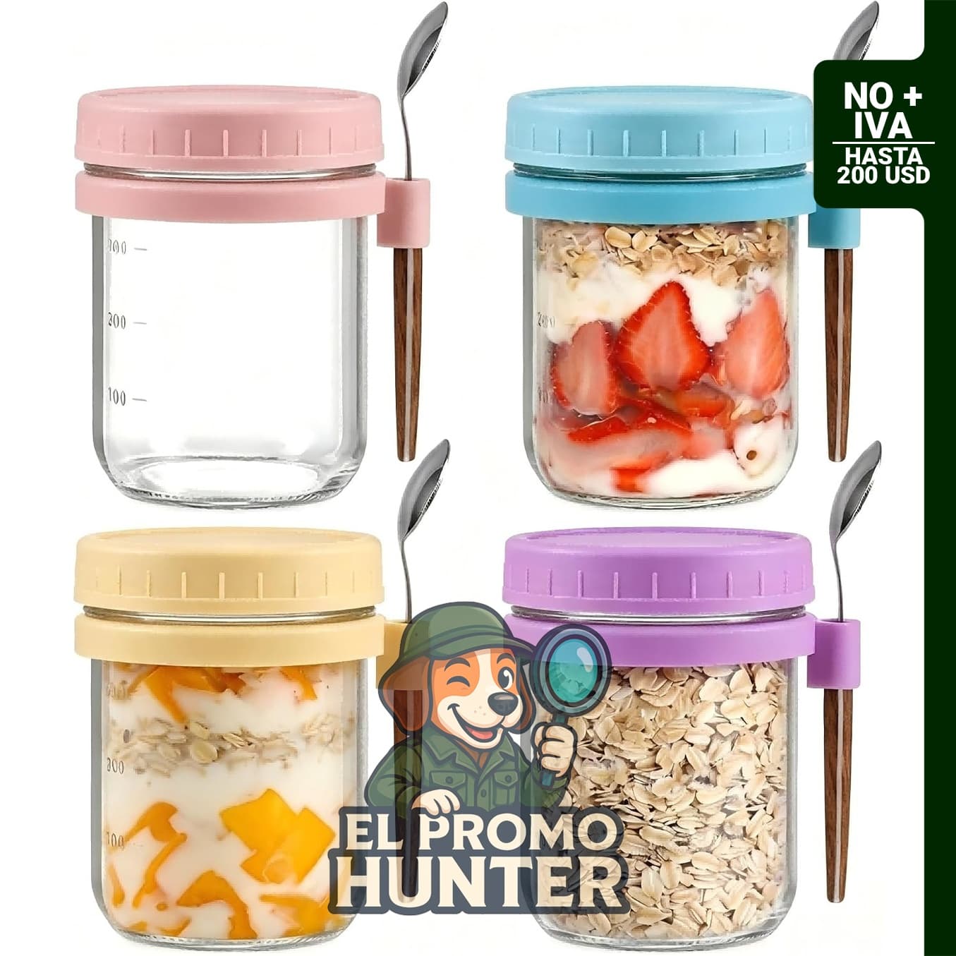Pack de 4 frascos de avena de 473 ml con cucharas de la marca SRANQUILL.