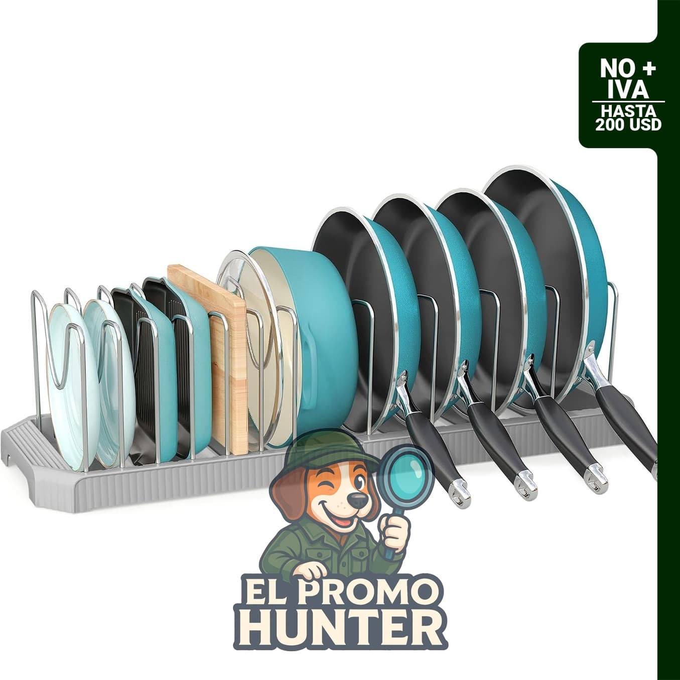 Organizador expandible para ollas de 32,8 a 55,6 cm, incluye 12 divisores.