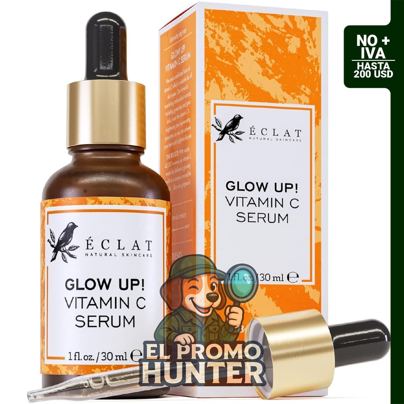 Suero facial con vitamina C, ácido hialurónico, ácido ferúlico y vitamina E para el cuidado de la piel.