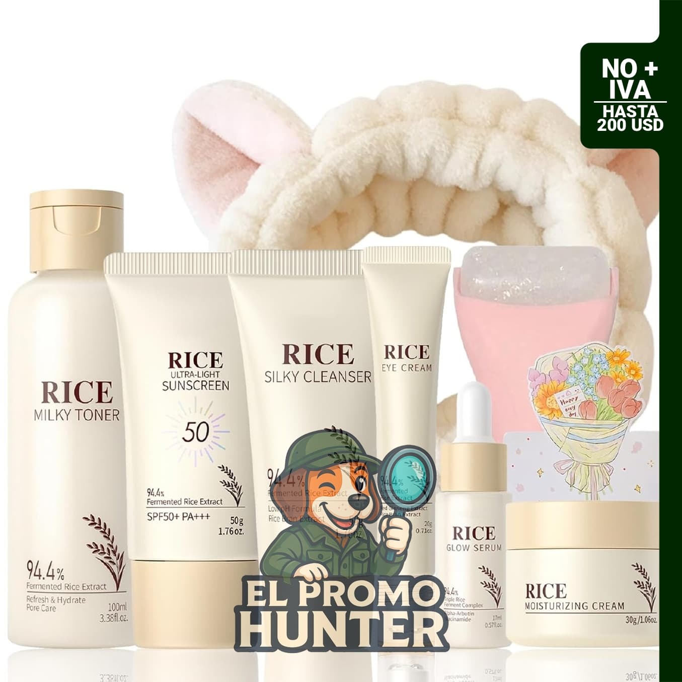 Conjunto de cuidado de la piel WOUGLAY con limpiador de arroz, tónico, suero, crema facial, crema para ojos, protector solar y rodillo.