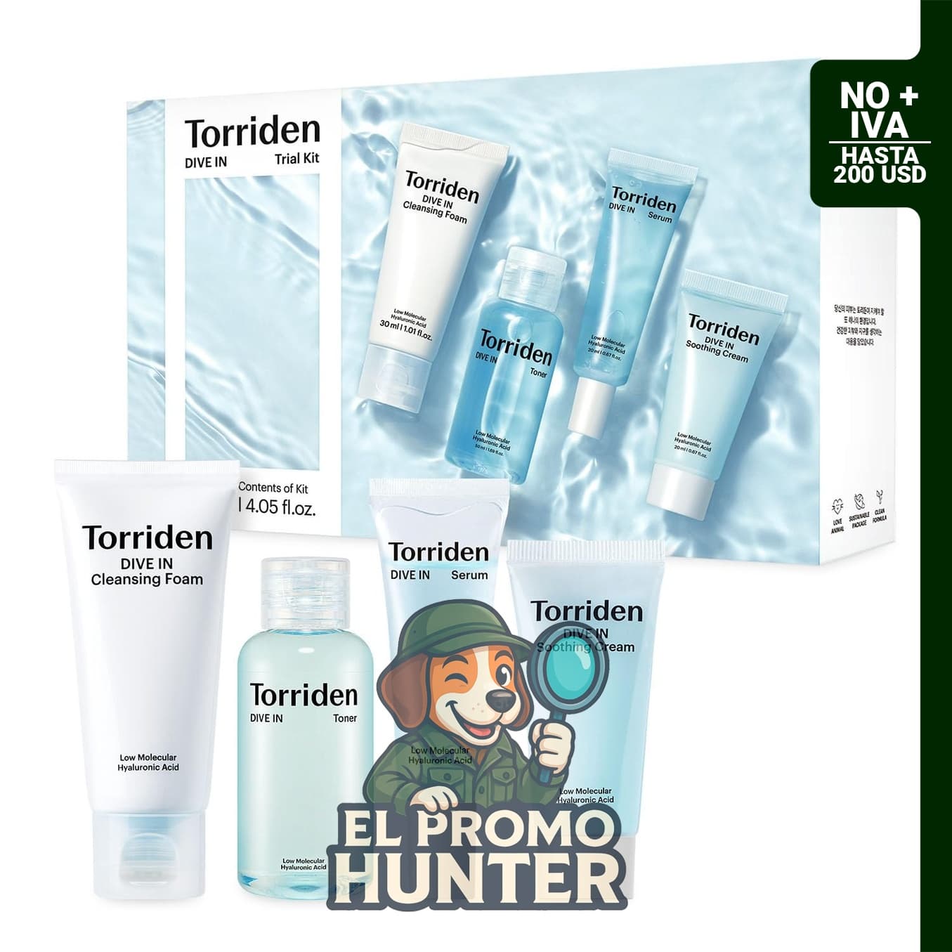 Torriden DIVE IN Kit de prueba, incluye limpiador de espuma, tónico facial, suero y crema con ácido hialurónico.