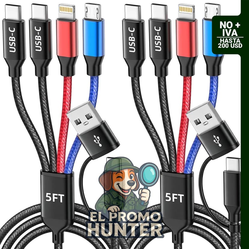 Cable de carga múltiple 4 en 2 puertos tipo C, compatible con dispositivos iPhone y Android.