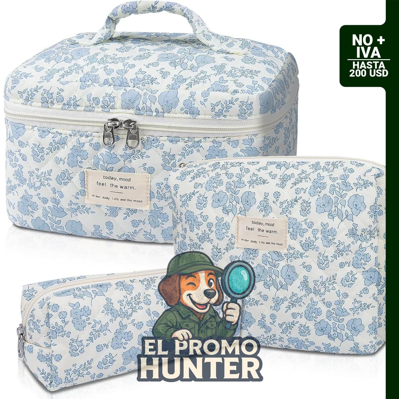 Juego de bolsos de maquillaje acolchados, diseño floral, para artículos de tocador y viajes.