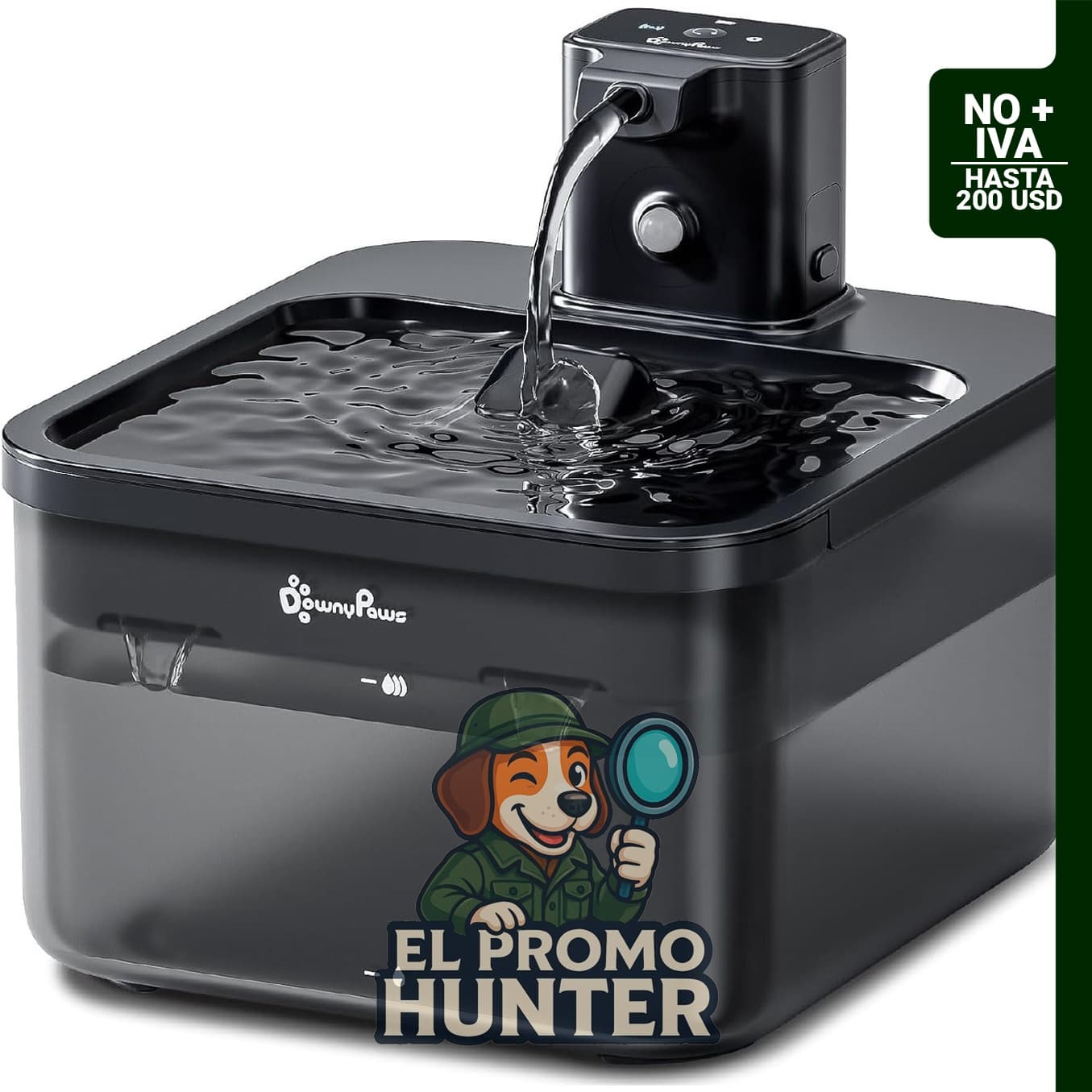 Fuente de agua inalámbrica para gatos DownyPaws, 2.5 L (84 oz), operada por pilas con sensor.