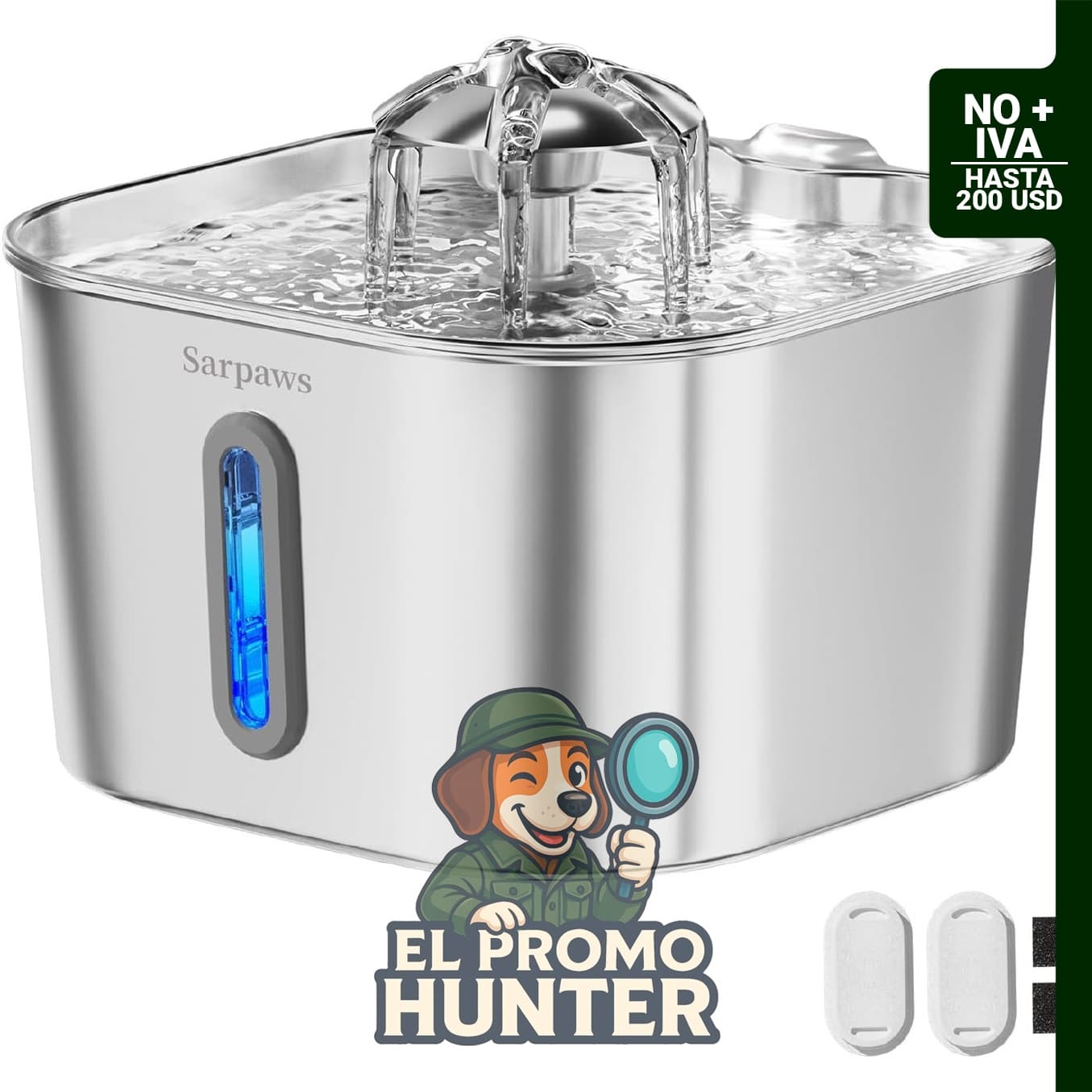 SARPAWS Fuente de agua para gatos de acero inoxidable, 74 oz (2.2 L), con ventana de nivel de agua y filtros.