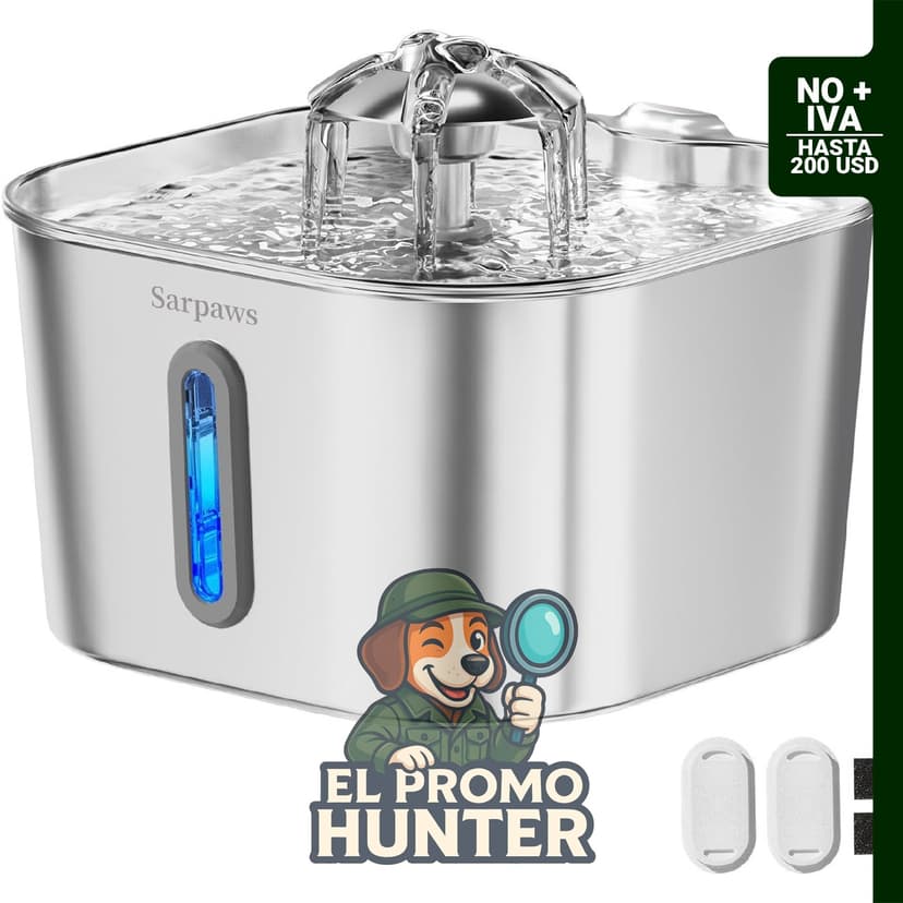 SARPAWS Fuente de agua para gatos de acero inoxidable, 74 oz (2.2 L), con ventana de nivel de agua y filtros.