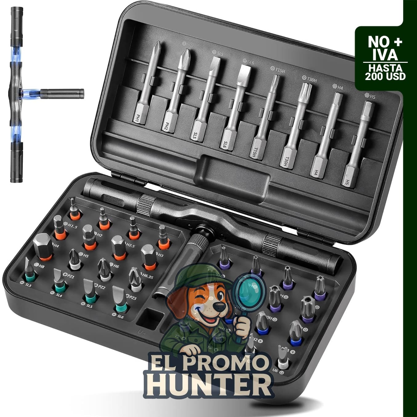 Juego de destornilladores magnéticos 42 en 1 con mango de trinquete, ideal para reparaciones en electrónica y bricolaje.
