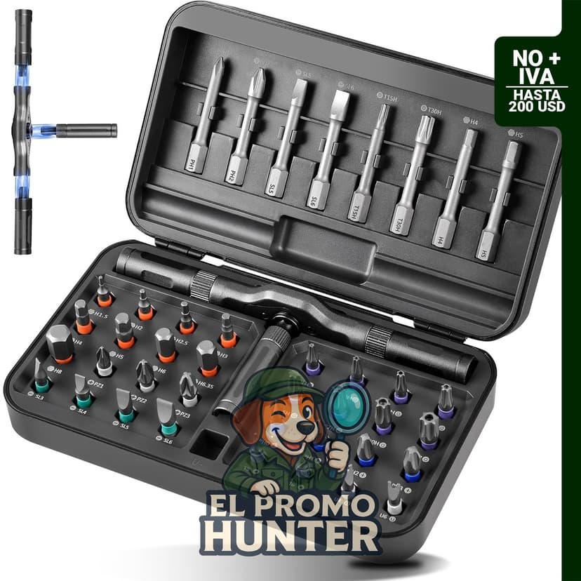 Juego de destornilladores magnéticos 42 en 1 con mango de trinquete, ideal para reparaciones en electrónica y bricolaje.