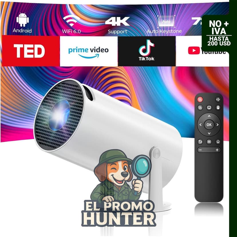 Proyector Mini con WiFi y Bluetooth, soporte 4K 1080P, pantalla de 130'' y auto keystone.
