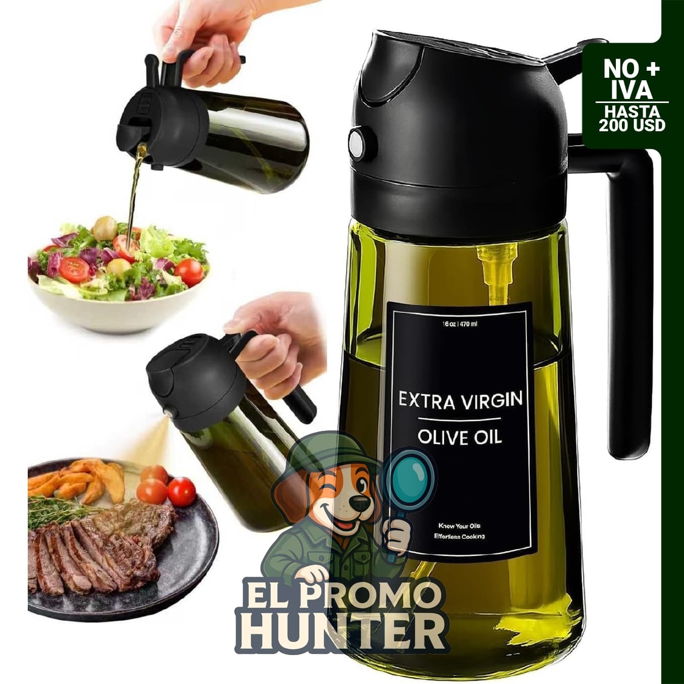 Pulverizador de aceite de oliva de vidrio de 16 oz (470 ml), dispensador 2 en 1 para cocina.