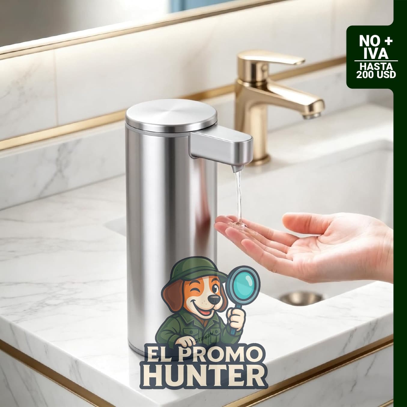 Dispensador automático de jabón líquido de acero inoxidable, recargable y con sensor para uso en cocina.