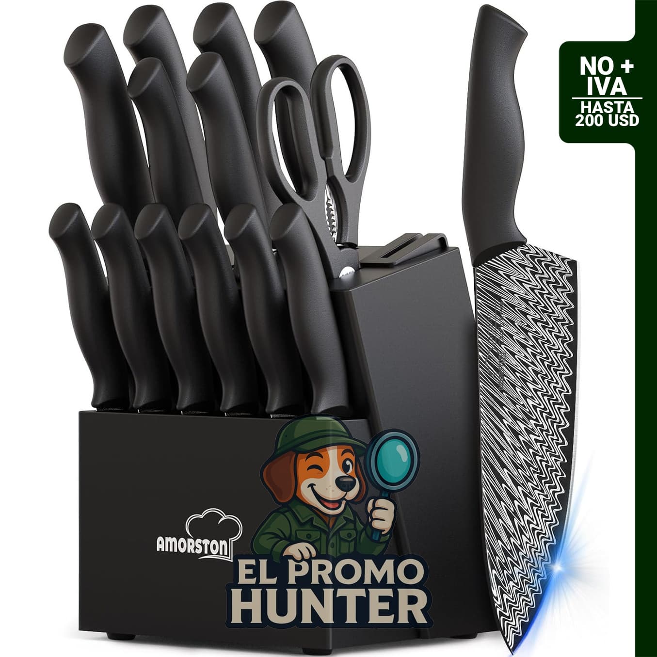 Amorston Juego de Cuchillos de Cocina de 15 piezas con afilador integrado, acero inoxidable alemán de alto carbono.