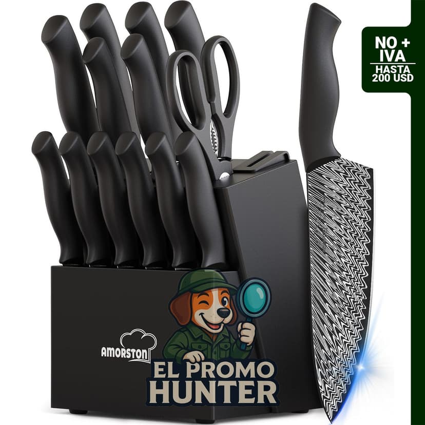 Amorston Juego de Cuchillos de Cocina de 15 piezas con afilador integrado, acero inoxidable alemán de alto carbono.
