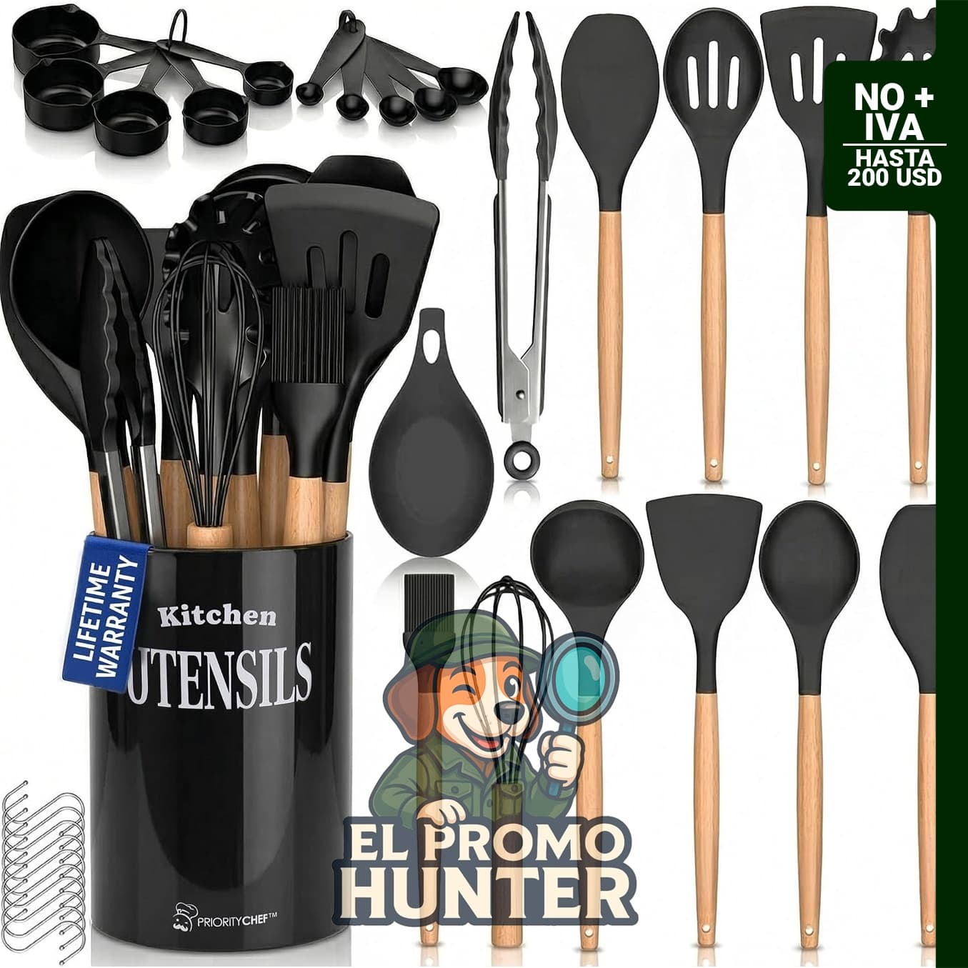 PriorityChef - Juego de utensilios de cocina de silicona con asas de madera, antiadherentes y de cerámica, resistentes al calor hasta 230 °C.
