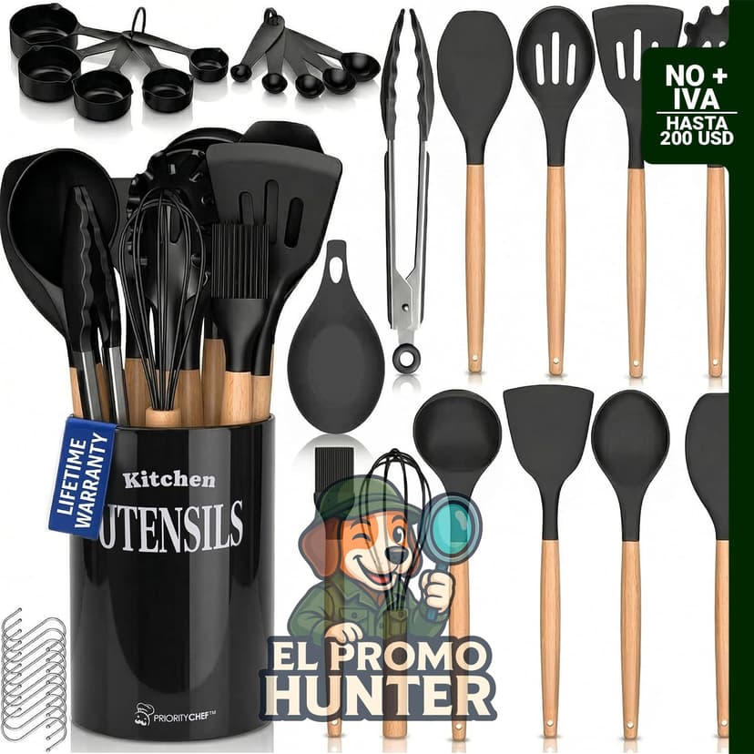 PriorityChef - Juego de utensilios de cocina de silicona con asas de madera, antiadherentes y de cerámica, resistentes al calor hasta 230 °C.