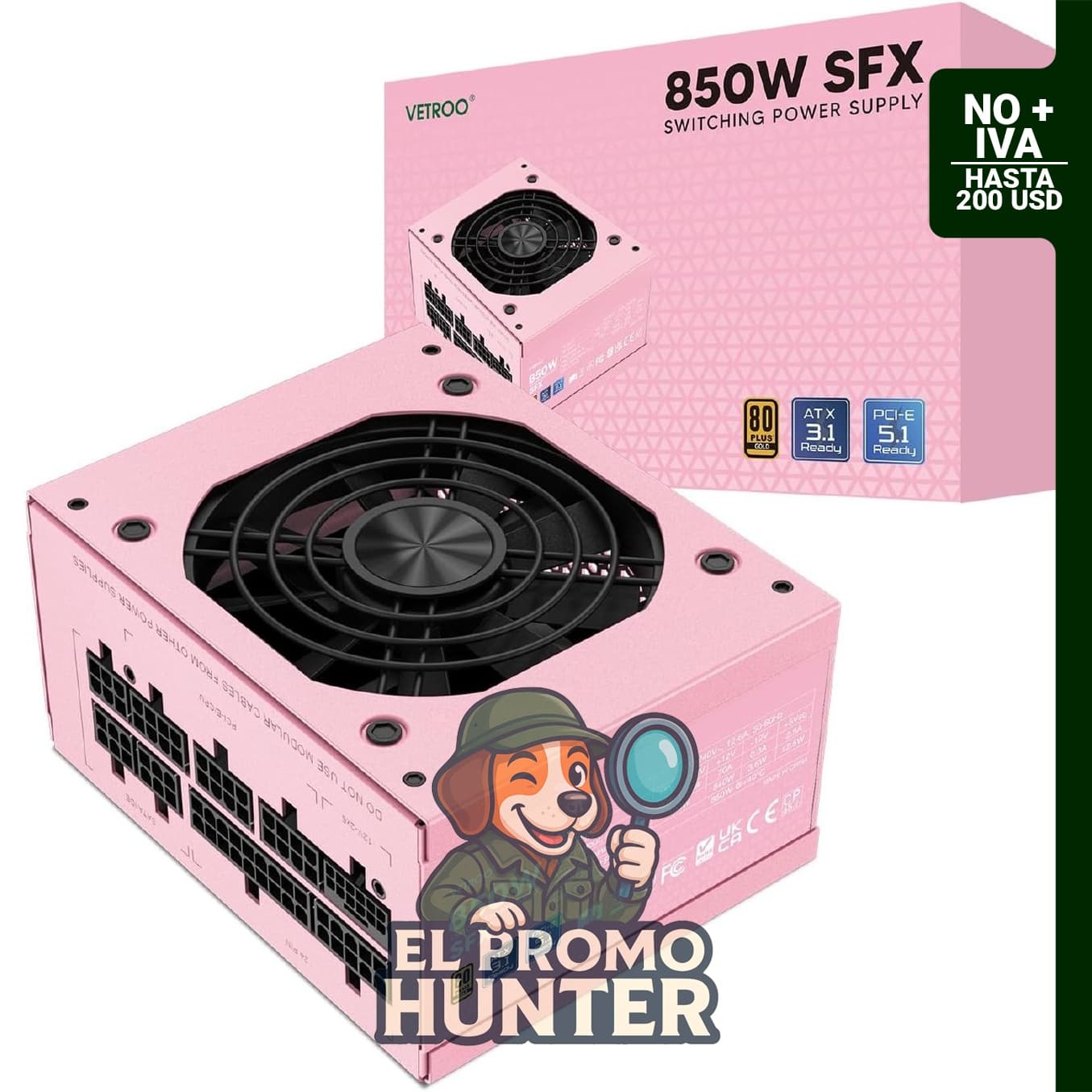 Vetroo Fuente de alimentación SFX 850W, ATX 3.1, PCIe 5.1, completamente modular, ventilador de 90 mm.