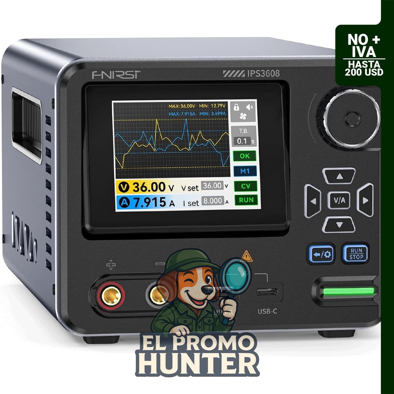 FNIRSI IPS3608 fuente de alimentación DC variable de 36V y 8A, con ondulación baja <10mV y carcasa de aluminio.