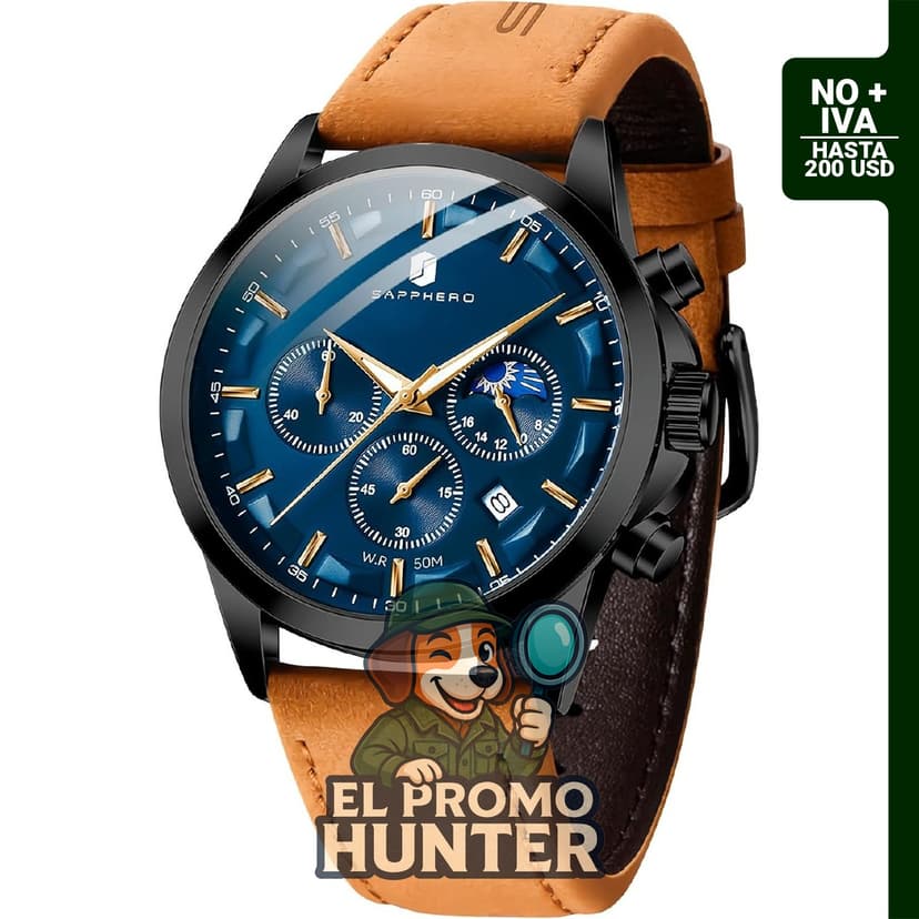 Reloj cronógrafo SAPPHERO para hombre, analógico de acero inoxidable, impermeable hasta 50 m, con esfera de fecha.